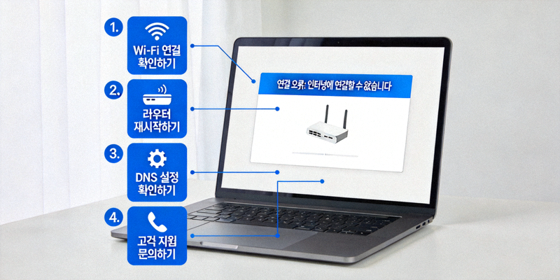 노트북 화면에 표시된 연결 오류 메시지와 문제 해결 단계를 설명하는 다이어그램 이미지