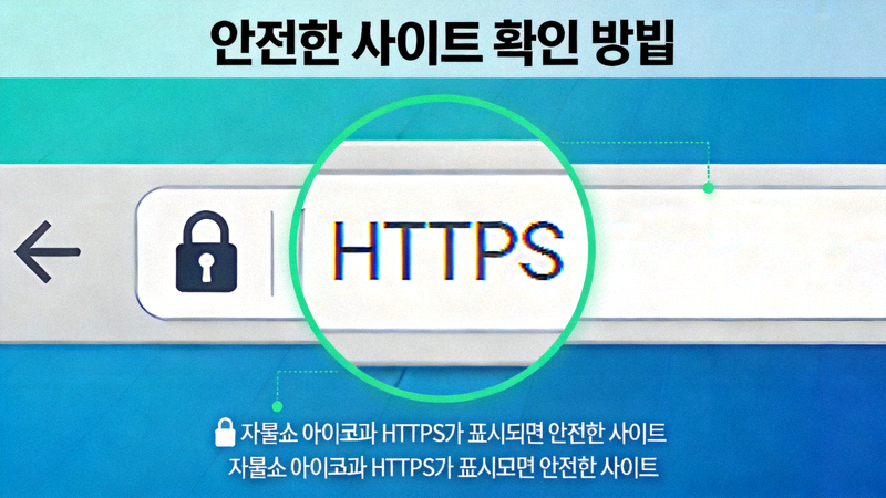웹 브라우저 주소창의 자물쇠 아이콘과 HTTPS 표시를 확대한 안전한 사이트 확인 방법 이미지
